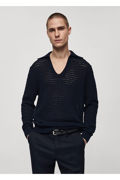 MANGO Man Openwork Knitted Polo Collar Sweater