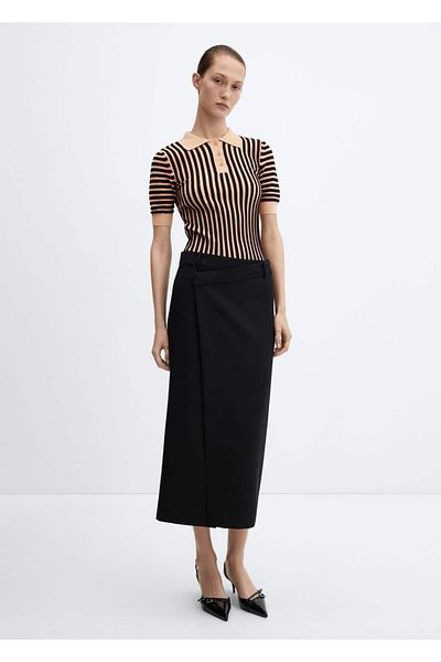 MANGO Woman Pruhovaný sveter Polo s výstrihom