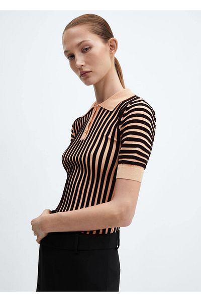 MANGO Woman Pruhovaný sveter Polo s výstrihom