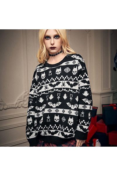 Köstebek Ethnic Black Gothic Patterned Oversize Sweater