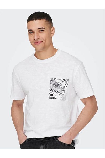 Only & Sons Ανδρικό λευκό μπλουζάκι - 22025286 Onsperry Life Reg Leaf SS Pockettee Noos