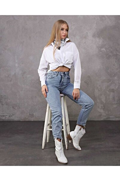 WODDİ Pantaloni de damă cu talie înaltă, spălat cu zăpadă, culoare uni, blugi...