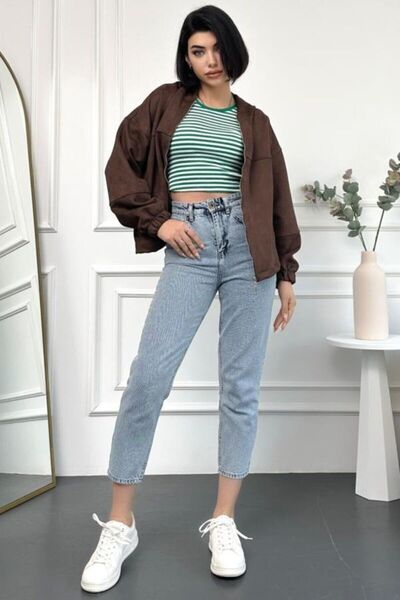 WODDİ Γυναικείο Snow Wash Μπλε ψηλόμεσο, απαλό άγγιγμα, χαλαρή εφαρμογή Mom J...