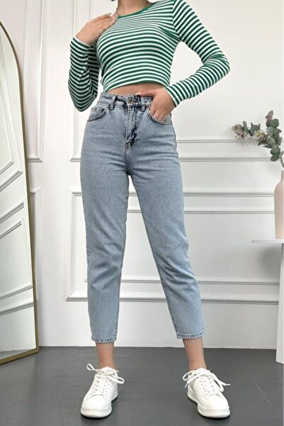 WODDİ Γυναικείο μπλε χιόνι ψηλόμεσο Basic Mom Fit Γυναικείο τζιν παντελόνι 2024