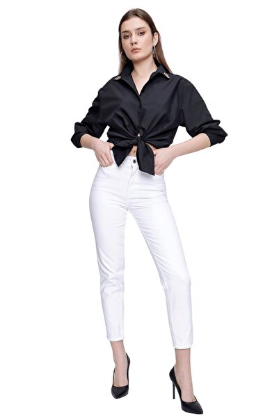 WODDİ مونيرا بنطال جينز نسائي أبيض سادة موديل 2024