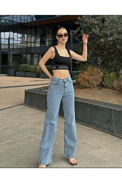 WODDİ جينز نسائي أزرق عالي الخصر وواسع الساق فضفاض، سلاش بالازو