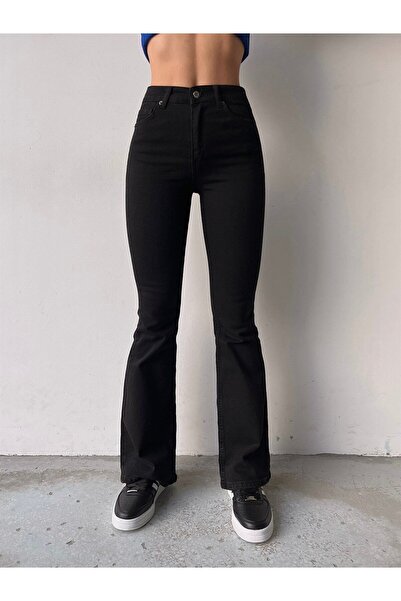 WODDİ Selena Ψηλόμεση Lycra Jet Black Spanish Flare Jeans Παντελόνι
