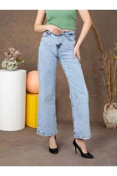 WODDİ Χιονισμένο Μπλε Παλάτσο Φαρδιά Πολυάσχολα Τζιν, Χιονισμένο Μπλε Λάσκα Τζιν