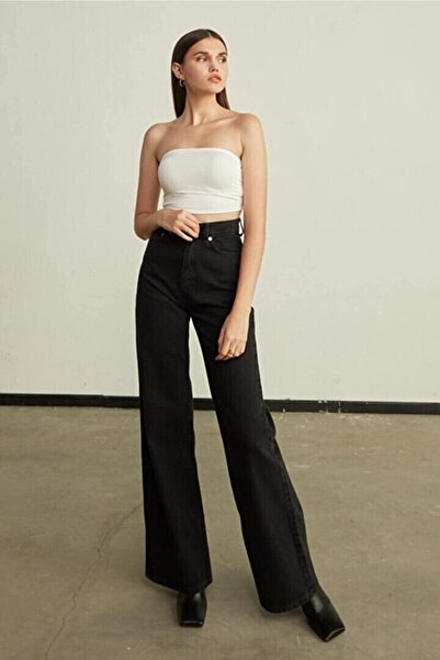 WODDİ بنطلون جينز أسود من الليكرا عالي الخصر وواسع الساق (احصل على مقاس أكبر ...