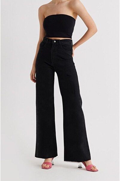 WODDİ Blugi de damă Sabrina, negri, cu talie înaltă, cu picioare largi, din d...