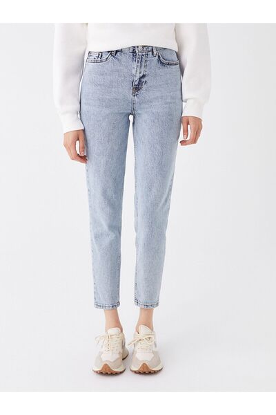 WODDİ جينز أمي أزرق فاتح ليكرا عالي الخصر أزرق مغسول بالثلج