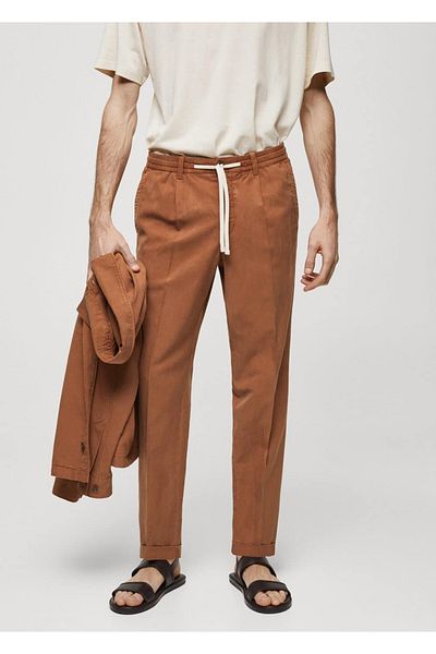 MANGO Man Linen Blended Slim Fit Drawstring Trousers