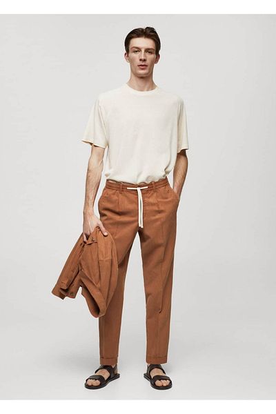 MANGO Man Linen Blended Slim Fit Drawstring Trousers