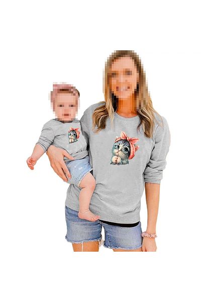 Pink Sky Cat Printed Mother and Girl Sweatshirt - Add 2 Pieces to Make a Combination Basket