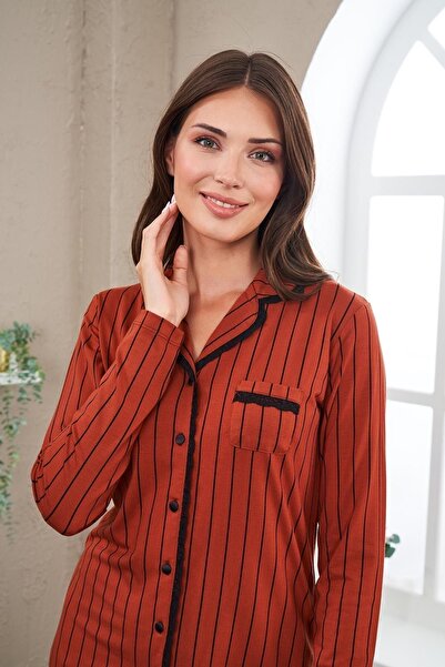 PJS 23538 Kadın Düğmeli Çizgili Pijama Takım