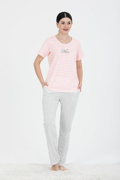 PJS 24235 Set pijamale din bumbac cu mânecă scurtă, cu dungi, cu imprimeu de pisici
