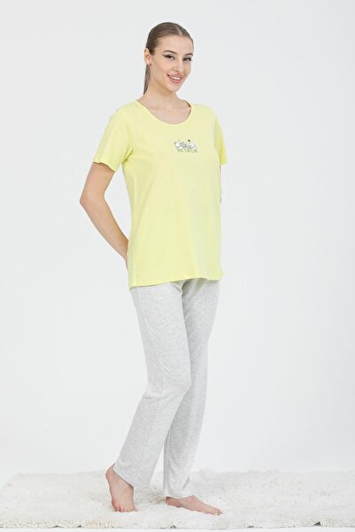 PJS 24233 Жіночий комплект піжами з коротким рукавом з бавовняної тканини з принтом котів
