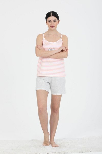 PJS 24236 Women's Cat Printed Striped Rope Strap Cotton Shorts Set