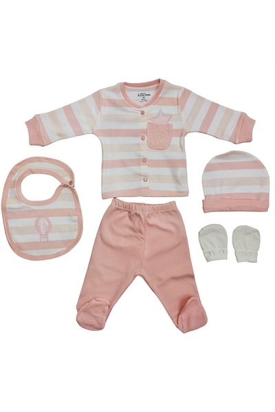 Aziz Bebe Powder Balloon Patterned 5-Piece Baby Hospital Discharge Bodysuit Set
