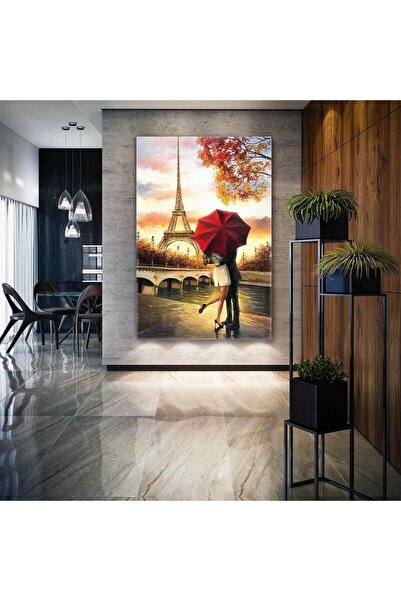 Şehzat Eyfel Kulesi Kırmızı Şemsiye Altında Sarılan Çift Paris Dikey Kanvas T...