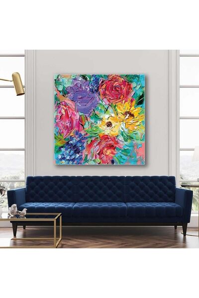 Şehzat Pembe ve Mor Çiçeklerle Ayçiçeği Buketi Fırça İzleri Kare Kanvas Tablo