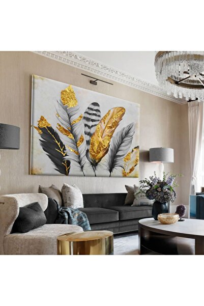 Şehzat |GRİ-GOLD KOMBİNİ EN ÇOK SEVİLEN TÜY TABLOSU |ÇERÇEVESİZ KANVAS TABLO