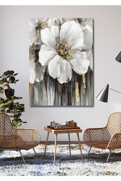 Şehzat Beyaz Çiçek Kanvas Tablo Salon Oturma Yatak Odası Ofis Antre Cafe Için...