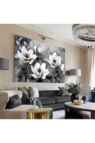 Şehzat Yağlı Boya Efektli Çiçek Tablosu Derin Gri (siyah - Beyaz Kombini)