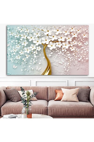 Şehzat Altın Gödeli Turkuaz Pembe Çiçekli Ağaç Kanvas Tablo
