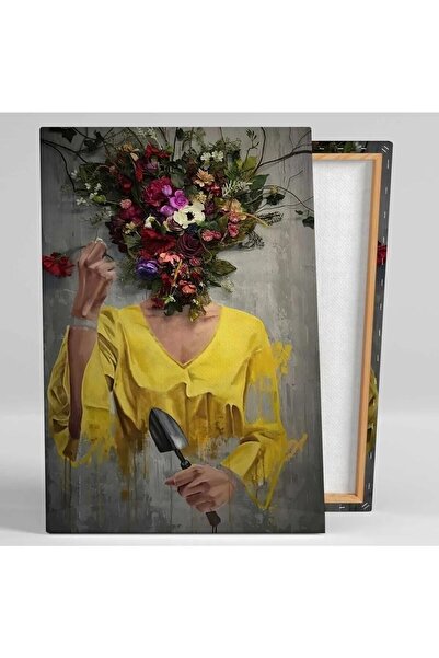 Şehzat Çiçek Kafalı Kadın Yağlı Boya Efektli Kanvas Tablo