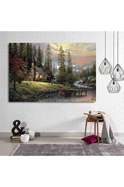 Şehzat Resimli Tablo Yağlı Boya Görünümlü Dağ Evii Manzarası Dekoratif Kanvas Tablo