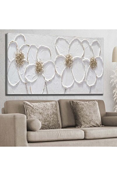 Şehzat Sanatsal Beyaz-gold Detaylı Çiçek Çizimi - Kanvas Tablo 60x120cm-hykvs...