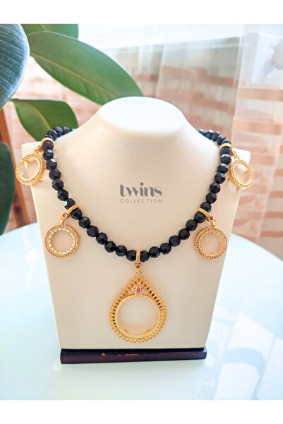 TwinsCollection Tamlı ve Çeyrekli Altın Uyumlu 8mm İncili 5'i Bir Yerde Kolye - Tamlı Çeyrekli Beşi Bir Yerde Kolye