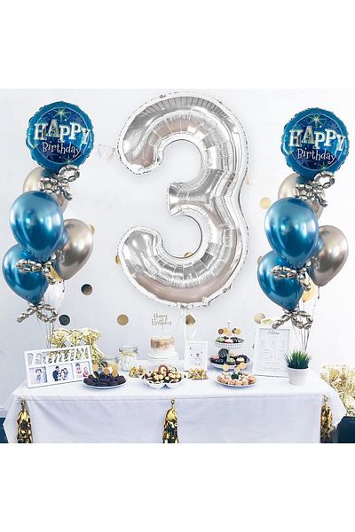 Paparti Number 3 Silver Foil Balloon 76cm 34" Helium Suitable Party Balloon
