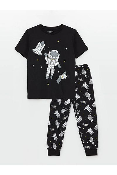 LC Waikiki Boy - New Black Crew Neck Printed Pajama Set