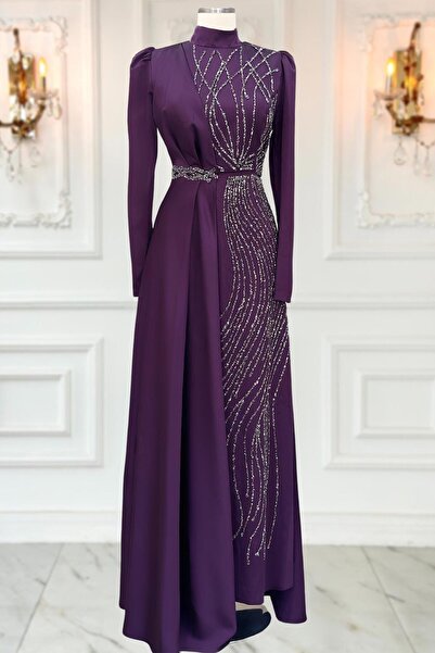 Ayşe Tesettür Mira Satin Digital Hijab Evening Dress - Stone Prints, Dress