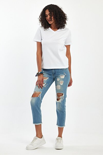 Soho Mood Γυναικείο βασικό μπλουζάκι λευκό V λαιμόκοψη 100% βαμβάκι