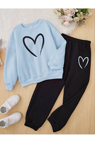 Renna Mood Girl's Heart Printed Crew Neck Sweatshirt Tracksuit Set