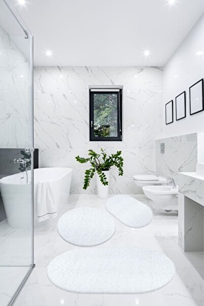 BESELY 3'lü Banyo Halısı Paspası Oval Peluş Klozet Takımı-beyaz 60x90(ELİPS)-...