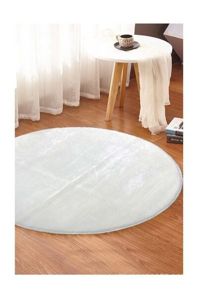 Sarar Yuvarlak Düz Beyaz Renk Peluş Pofuduk Yıkanabilir Kaydırmaz Jel Taban