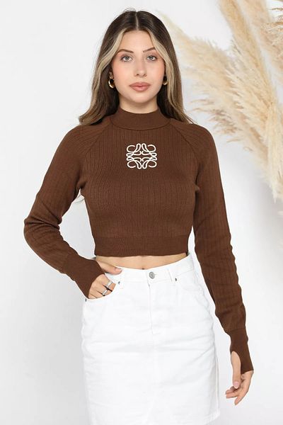 julude Μπροστινό Κεντημένο Καφέ Crop Top - Πλεκτό Μπλούζα