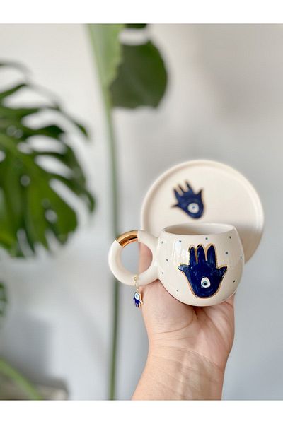 Mugtasarım 24 K Gold Gilded Evil Eye Double Turkish Coffee Cup