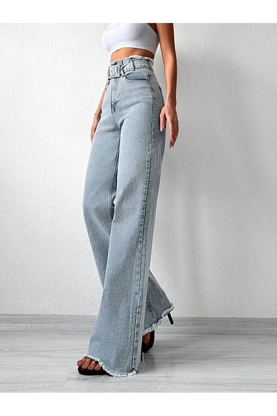 cms jeans Curea de damă cu talie înaltă, talie ciucuri picior ciucuri Blue Snow Wash Palazzo blugi