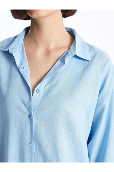 LC Waikiki XSIDE Mavi Düz Uzun Kollu Keten Karışımlı Kadın Gömlek
