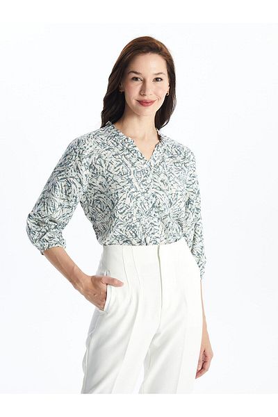 LC Waikiki LCW Grace - Γυναικεία μπλούζα με εκρού στάμπα, στάμπα με λαιμόκοψη