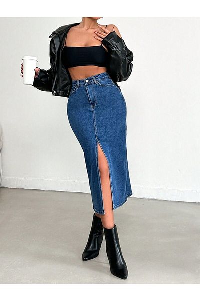 cms jeans Fustă de blugi pentru femei cu fantă din lycra albastru închis