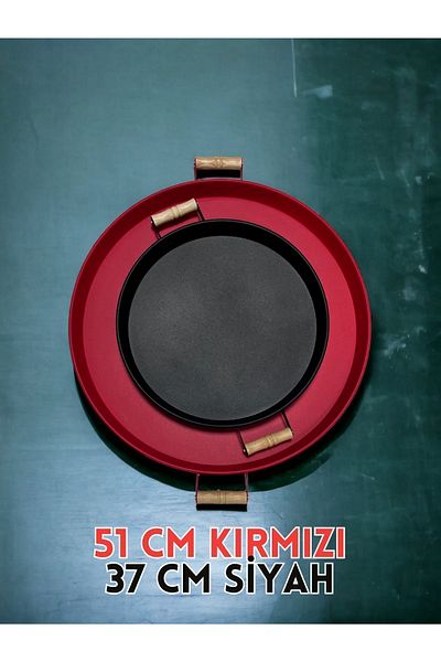 kitchen trend 51 Cm Red 37 Cm Black 2 Piece Metal Round Tray Presentation Tray Tea Coffee Tray