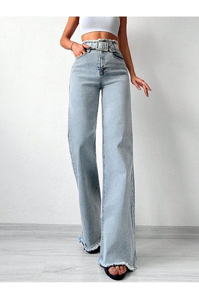 cms jeans Curea de damă cu talie înaltă, talie ciucuri picior ciucuri Blue Snow Wash Palazzo blugi