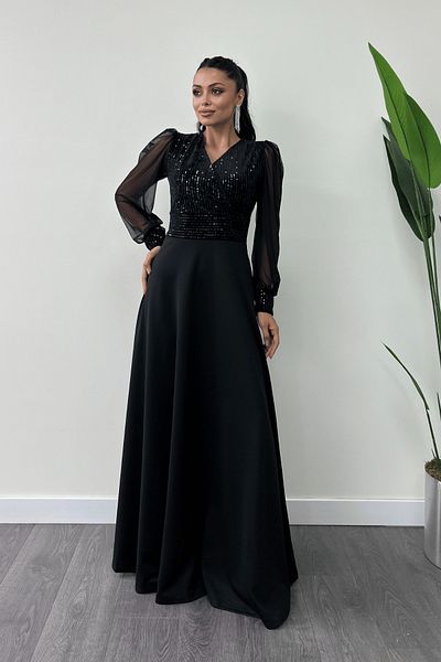 giyimmasalı Βραδινό φόρεμα από ύφασμα Sequin Fabric Sleeves - Μαύρο