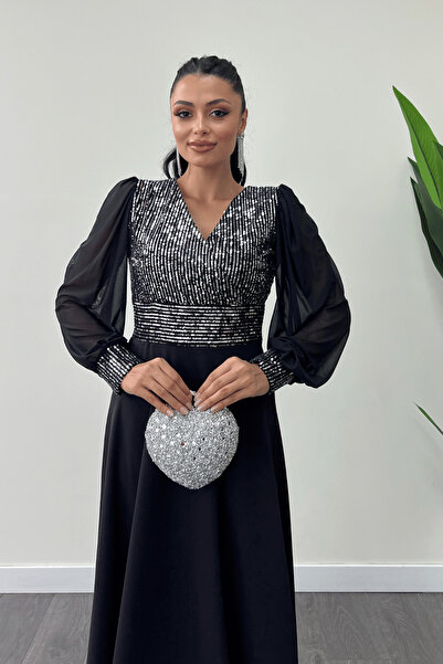 giyimmasalı Payet Kumaş Kolları Tül Abiye Elbise - Gümüş